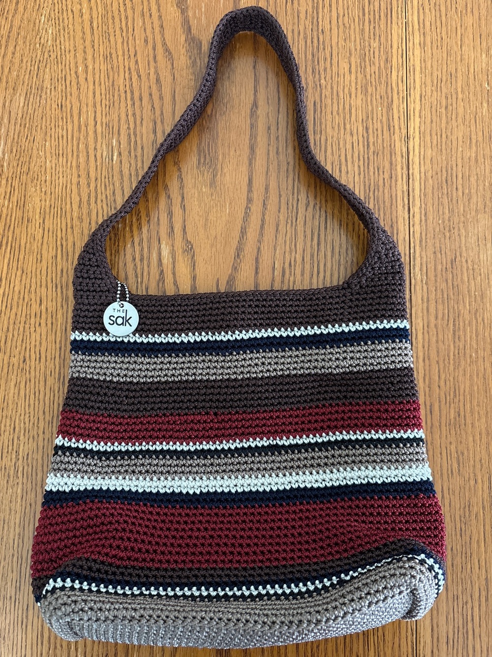 The Sak Striped Crochet Shoulder Bag in Brown and Burgundy, Y2K